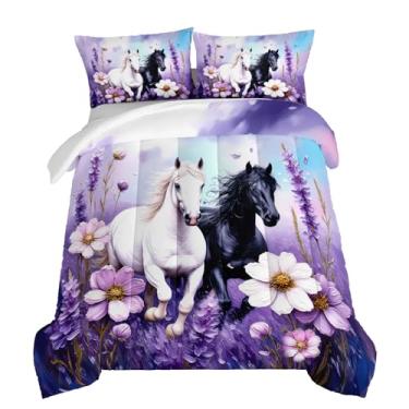 Imagem de HOSIMA Jogo de cama solteiro com cavalo para decoração de quarto de meninas, preto e branco com estampa de cavalos galopando, edredom de animal, fofo, leve, lavanda, para adolescentes e meninos, com 2