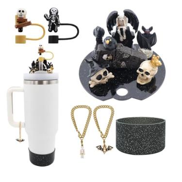 Imagem de Tampa de placa de nome para Stanley Cup 1,134 g, incluindo bota, tampa de cobertura de canudo de silicone, pingentes de tampa, corrente de copo (Halloween-A)