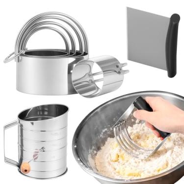 Imagem de Conjunto de cortador de biscoito de aço inoxidável, conjunto de liquidificador de pastelaria com 5 peças, peneira de farinha, raspador de massa de manteiga antiderrapante para cozinhar biscoitos e