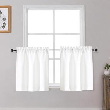 Imagem de OWENIE Cortinas brancas de cozinha sobre a pia 61 cm de comprimento, conjunto de 2 painéis, cortinas de café curtas texturizadas com filtragem de luz para janelas de banheiro, pequena cortina para