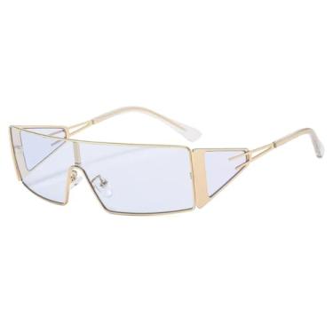 Imagem de HCPIHF Óculos de sol retangulares de armação grande de metal, feminino, luxuoso, vintage, masculino, punk, UV400 (dourado-azul)