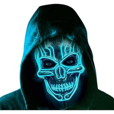 Imagem de SHANJIA Máscara de Halloween, máscara iluminada, crânio assustador com iluminação LED para festival de Halloween, cosplay, baile de máscaras, festa de carnaval (azul gelo)