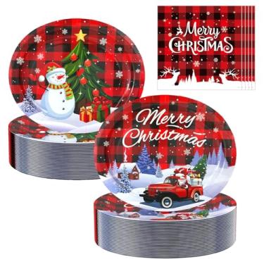 Imagem de 100 peças de pratos e guardanapos ovais de Natal - 25,4 x 30,5 cm grandes pratos de festa descartáveis, conjunto de utensílios de jantar para festa de Natal