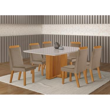 Imagem de Conjunto Sala de Jantar Mesa Lisboa com Tampo de Vidro 180cm e 6 Cadeiras em MDF Riviera LJ Móveis - Castanho Cinamomo/ Capuccino/Off White