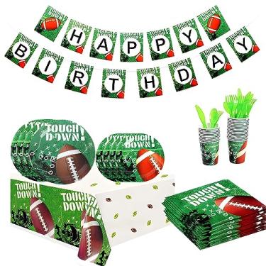 Imagem de Kit de suprimentos para festa de decoração de futebol, serve 16 pessoas, inclui pos de jantar, pos de sobremesa, guardanapos, xícaras e toalha de mesa de futebol, perfeito para festa de aniversár
