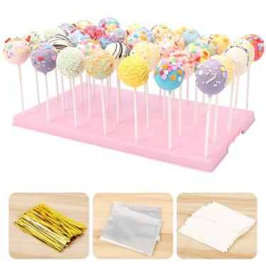 Imagem de Suporte para exibição de bolo, 35 furos com 100 palitos, sacos, laços dourados - Kit essencial para picolés de bolo e pirulitos (rosa)