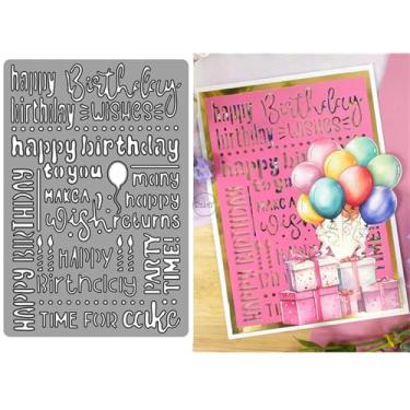 Imagem de DzIxY Placa de fundo de feliz aniversário, matrizes de corte de metal para kit de fabricação de cartões, conjunto de recortes de papel, estêncil, suprimentos, modelos de máquina