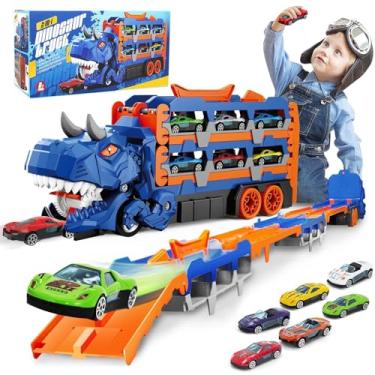 Imagem de Caminhão Dinossauro Transportador T-Rex, Brinquedo 3 em 1 Interativo que Engole Carrinhos, com Pista Dupla de 145 cm e 6 Carrinhos Inclusos, Vira Maleta, Presente para no Dia das Crianças (Azul)