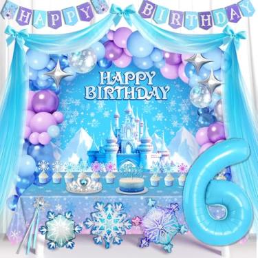 Imagem de Frozen 6th Birthday Party Decorações - Kit de arco de guirlanda de balão de neve, balões de floco de neve, cortina de tule, faixa de aniversário, pano de fundo, toalha de mesa, coroa e varinha de