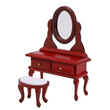 Imagem de Generic 1:12 Casa de Bonecas Com Espelho, Conjunto de Penteadeira de Madeira Estilo Europeu, para Decoração de Casa de Bonecas, Inclui Cadeira, Material (Mogno)