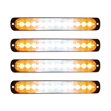 Imagem de Teiorey 12 V-24 V Luzes de aviso de perigo ultrafinas piscando 19 cm 12 luzes estroboscópicas de emergência LED montagem em superfície para caminhões veículos carro (âmbar e branco, 4 peças)