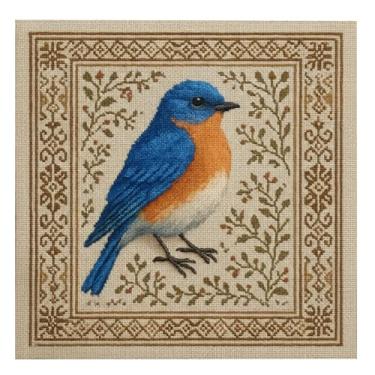 Imagem de sacxi Kit de ponto cruz com tema de pássaro com padrão floral - Cardeal, beija-flor, pássaro azul - Conjunto completo de arte de bordado DIY para iniciantes e artesãos experientes (pássaro azul azul)