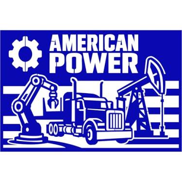 Imagem de Arte de parede de metal industrial American Power, design preto e branco, tema semi-caminhão e plataforma de petróleo, decoração da indústria de fabricação e energia (azul)