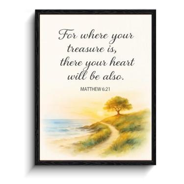 Imagem de Pôr do sol costeiro em aquarela com árvore, "For where your treasure is, there your heart will be also" Matthew 6:21, decoração de parede cristã fosca para casa, presente de casamento, 20 x 25 cm