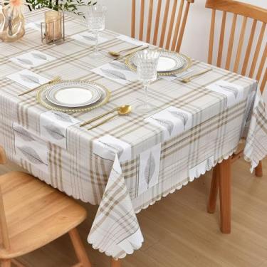 Imagem de ENNAS Toalha de mesa limpa 137 x 182 cm – capa de mesa de vinil impermeável com design moderno de folha e xadrez – protetor de mesa de jantar durável para uso diário para cozinha, casa e refeições em