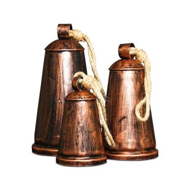 Imagem de Conjunto de 3 sinos de metal rústicos de fazenda, sinos envelhecidos azul-petróleo com corda de juta para decoração de pendurar (bronze rústico), Natal, Ano Novo, Ação de Graças