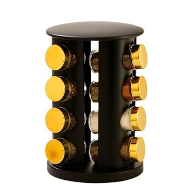 Imagem de Prateleira giratória para temperos 12, 16, 20 potes de vidro Tampas de aço inoxidável Etiquetas Decoração para cozinha (Porta Temp 16 Preto e Dourado)