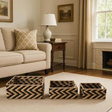 Imagem de Cestas de armazenamento de jacinto de água tecidas à mão, conjunto de 3 caixas organizadoras retangulares com alças recortadas – cestas de tecido decorativas com padrão Chevron natural e preto para