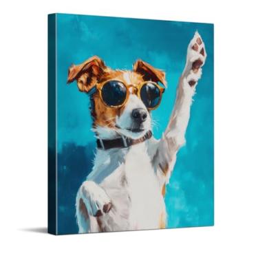 Imagem de CYFDYVT Retrato de cachorro vibrante legal com óculos de sol impressão de arte de parede de animal de estimação alegre para decoração de casa moderna ilustração em tela colorida 20 x 25 cm