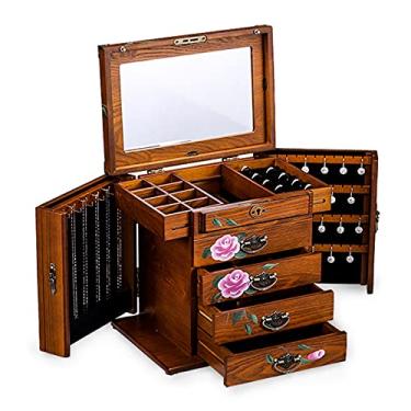Imagem de BSNANCA Caixa de joias caixa de joias com cadeado caixa organizadora de madeira bloqueável pintada à mão em estilo europeu recipiente de armazenamento de joias de grande capacidade