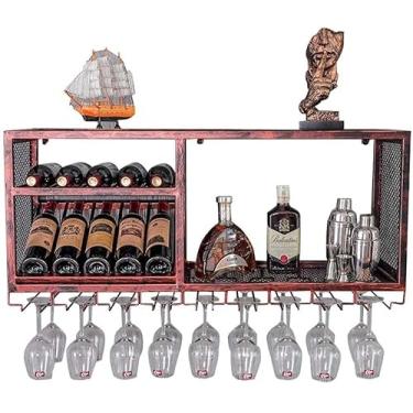 Imagem de SENNIAN Rack de vinho de cor cobre vermelho vintage montado na parede, rack de garrafa de vinho de parede de bar, armário de vinho, design de grade de metal, suporte de armazenamento para copos de