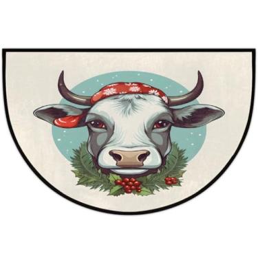 Imagem de Tapete de porta meio redondo, animais de Natal, vaca, antiderrapante, absorvente, semicírculo, tapetes laváveis, para ambientes internos e externos, pátio, cozinha, banheiro, entrada, lareira