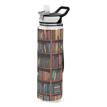 Imagem de Blueangle Garrafa de água esportiva Bookshelf 946 ml com tampa de canudo - Garrafas de água reutilizáveis Tritan sem BPA para academia, caminhadas e atividades ao ar livre (319)
