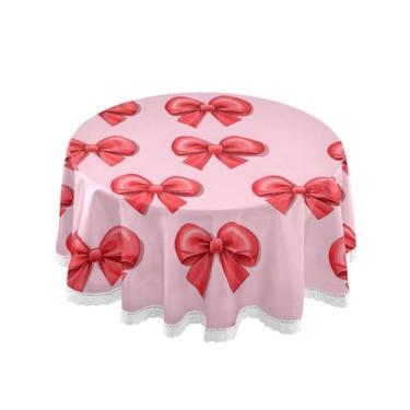 Imagem de SEHANY Toalha de mesa redonda com laço rosa de 152 cm, tecido lavável sem rugas, toalha de mesa decorativa de renda para restaurante, casamento, acampamento, festa de cinco de maio
