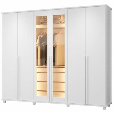 Imagem de Guarda Roupa de Casal RV Móveis Bélgica 06 portas sendo 02 portas de vidro reflecta 4 gavetas co LED Branco