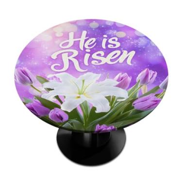 Imagem de Toalha de mesa redonda ajustada com elástico, Easter He Is Risen, impermeável, à prova de óleo, toalha de mesa redonda para piquenique ao ar livre, lavável, reutilizável, decoração interna, capa de