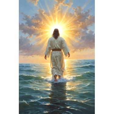 Imagem de RYMILIE Kits de arte de diamante Jesus para adultos, kits de pintura de diamante 5D do mar para iniciantes, faça você mesmo com brocas completas redondas e pinturas de diamante, imagem de pedras