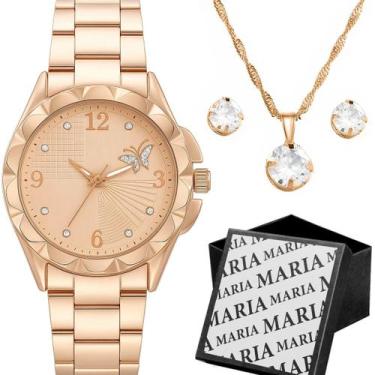 Imagem de Relogio feminino aço inox rose + caixa + brinco colar strass social ca