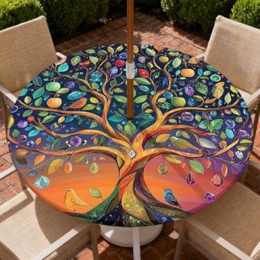 Imagem de Yesad Toalha de mesa redonda para uso ao ar livre com orifício para guarda-chuva, toalha de mesa com zíper e borda elástica, capa de toalha de mesa à prova d'água para piqueniques, serve para mesa