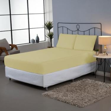 Imagem de Jogo de Lençol 3 Peças Casal Queen Liso Percal 180 Fios com Elástico, 80% Algodão, 20% Poliéster, 1,98m x 1,58m, Inclui 2 Fronhas 70cm x 50cm (Amarelo)