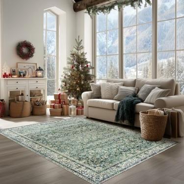 Imagem de BILEEHOME Tapete de área de flores lavável grande macio antiderrapante design vintage para sala de estar quarto, 9 x 12, verde escuro