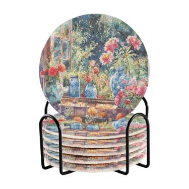 Imagem de Qilmy Conjunto de 6 peças de porta-copos de flores bonitas ou porta-copos de bar para bebidas, porta-copos de fazenda ou porta-copos de mesa rústicos, porta-copos modernos de algodão para o Natal627