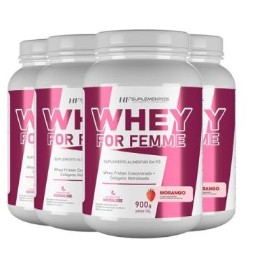 Imagem de 4X Whey For Femme + Colageno Hidrolisado 900G Morango Hf - Hf Suplemen