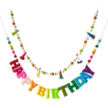 Imagem de 2 peças, faixa de feliz aniversário reutilizável pré-amarrada com bolas de lã, decorações de festa arco-íris, guirlanda de chapéu de feltro de feliz aniversário, sinal de feriado personalizado para