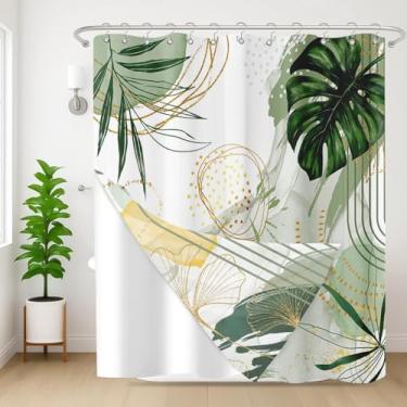 Imagem de Nesphy Conjunto de cortina de chuveiro 3 em 1, cortina de chuveiro e forro de folhas de palmeira tropicais boho verde dourado com ganchos de aço inoxidável de dupla face, tecido impermeável para