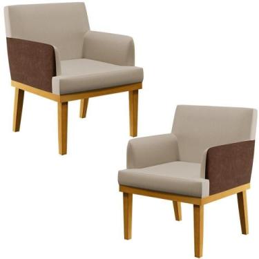 Imagem de Kit 02 Poltronas Base Mel Linho Bege material sintético Marrom - LYAM 