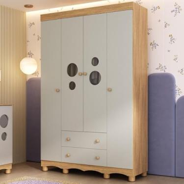 Imagem de Guarda-roupa Infantil 122cm com Vidro 4 Portas e 2 Gavetas Suspiro Multimóveis Mp4458 Madeirado/off White