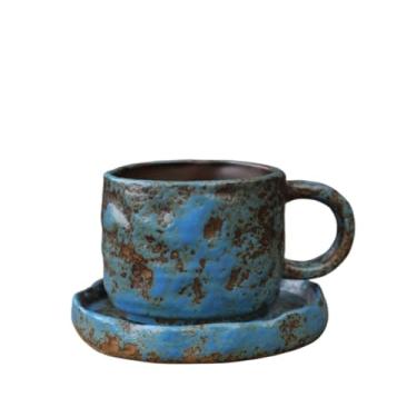 Imagem de Caneca de chá Conjunto de xícara e pires café/chá cerâmica azul, caneca retrô para café com leite Xícaras de café