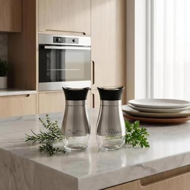 Imagem de Conjunto de saleiro e pimenteiro prateado, recipientes de sal e pimenta de aço inoxidável de 118 ml com fundo de vidro para cozinha e churrasco