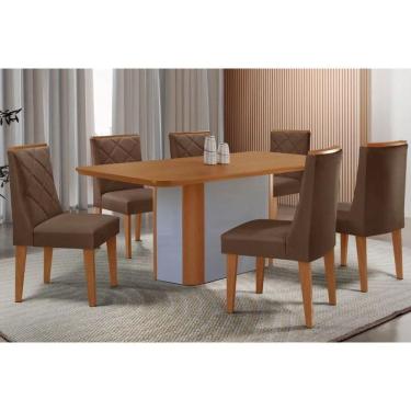 Imagem de Sala Jantar Mesa Pietá Tampo Curvo 180cm+6 Cadeiras Pietá Madeira Naturale/Off White - Capuccino/Suede Marrom - Rufato