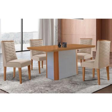 Imagem de Sala Jantar Mesa Pietá Tampo Curvo 120cm+4 Cadeiras Dafne Madeira Naturale/Off White - Capuccino/Suede Creme - Rufato