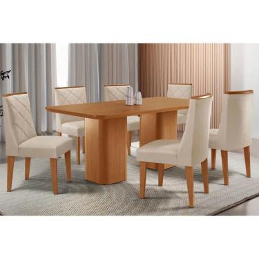 Imagem de Sala Jantar Mesa Maldivas Tampo Curvo 180cm+6 Cadeiras Pietá Madeira Naturale - Capuccino/Suede Creme - Rufato