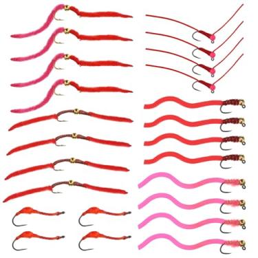 Imagem de Soulchen 24 peças San Juan Worm Trout Fly Fishing Sortido Miçangas de Tungstênio Squirmy Wormy Fly 24 Moscas Vermelhas Rosa Steelhead para anzol tamanho 12, 14, 16 truta, robalo, salmão, peixe de água