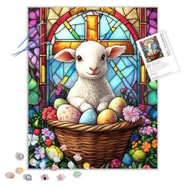 Imagem de Kits de pintura por números de ovos e flores de Páscoa para adultos, cordeiro sentado atrás da cesta, pintura a óleo com cruz de vitral cristão para decoração de casa (40 × 50 cm, sem moldura)