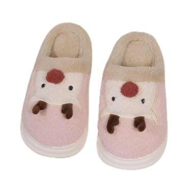 Imagem de 1 par de pantufas femininas fofas de pelúcia macia, antiderrapante, quente, para ambientes internos, desenhos de rena, para casa, quarto, Natal, rosa, 35