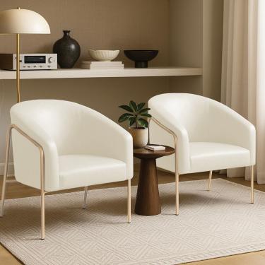 Imagem de Poltrona Sala Decorativa Kit 2 Stella Base Alta Tubo Champanhe Sintético Pu D03 - D'rossi Cor Bege